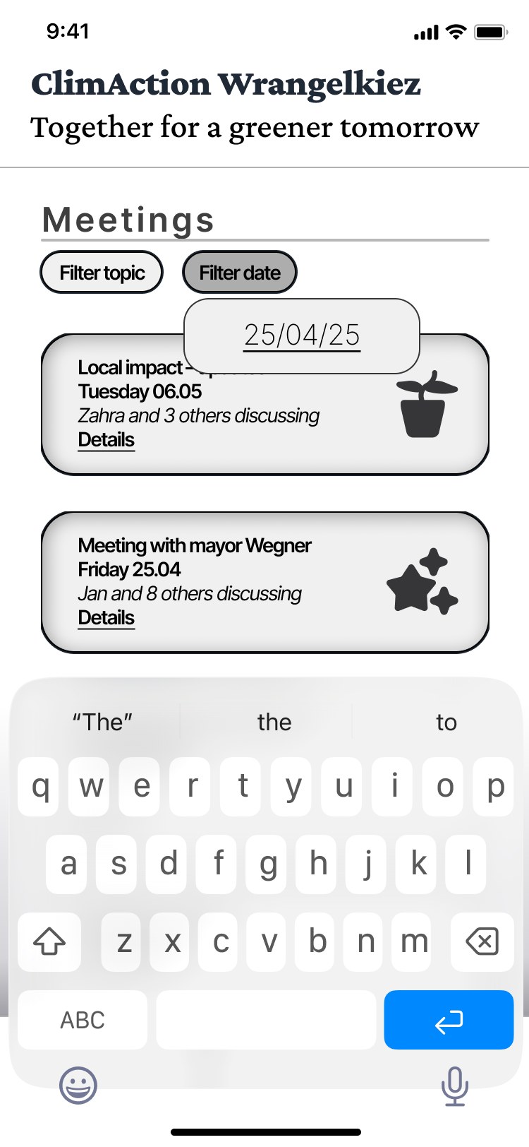 Meetings screen with topic and date filters