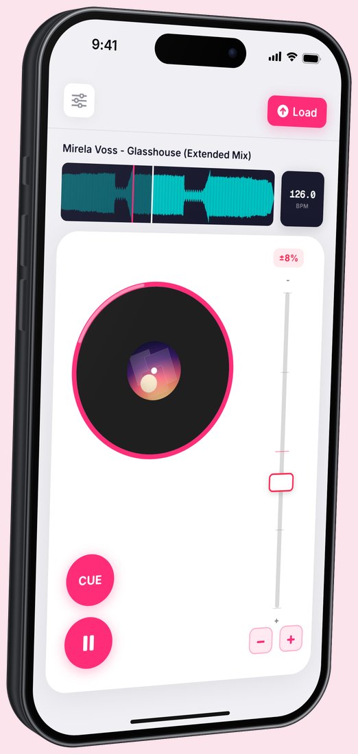 Phonidex on an iPhone, angled to the left, with the deck paused