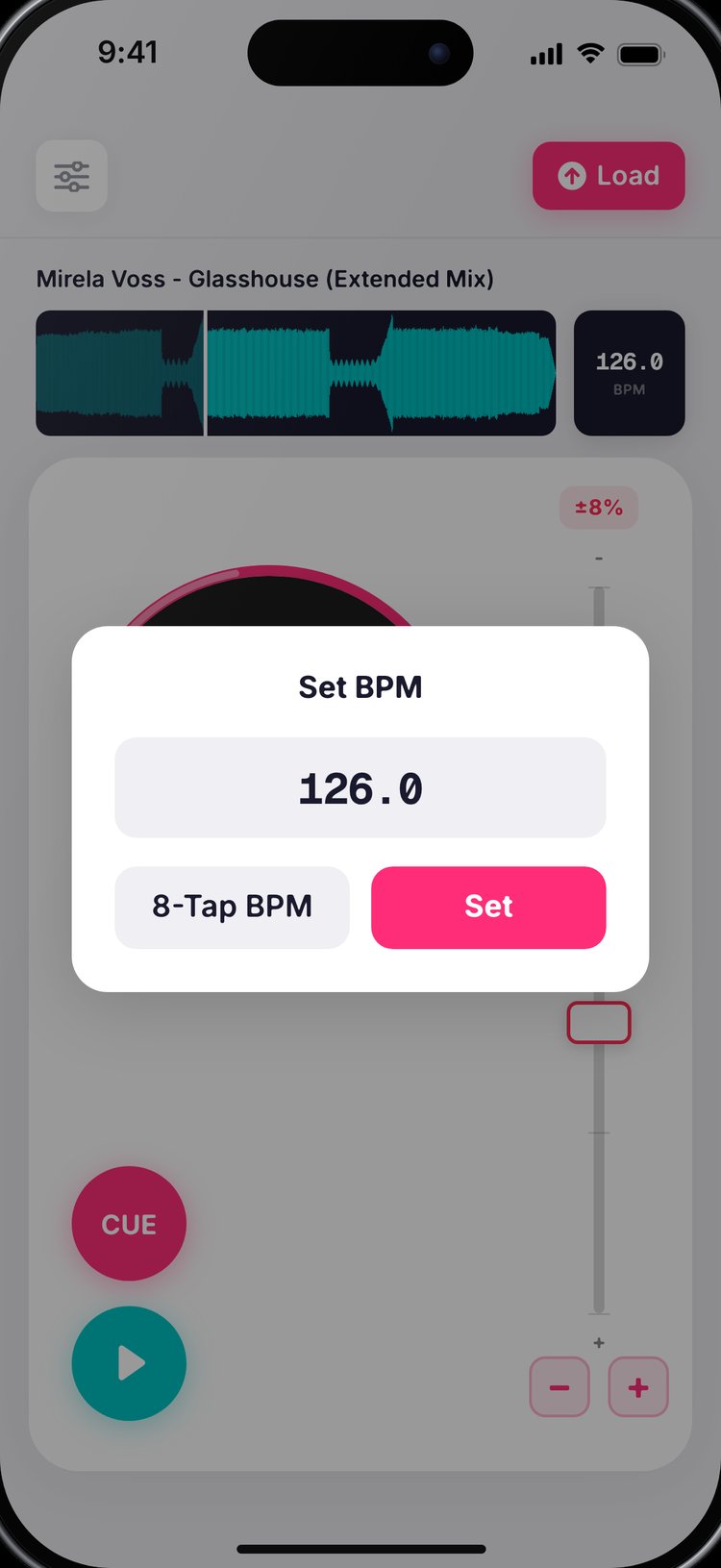 Set BPM dialogue with a typed tempo of 126 and an 8-tap BPM option