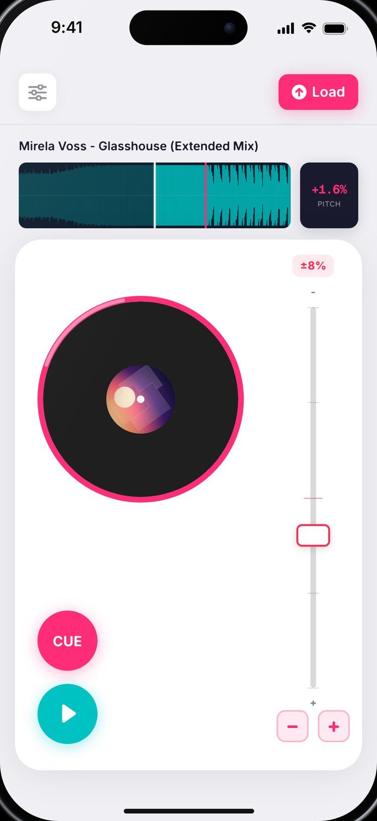 Phonidex with the waveform zoomed in and the pitch display switched to percentage