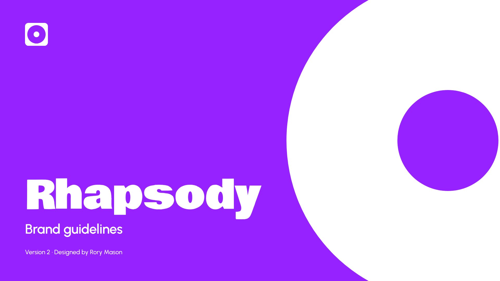 Cover of the Rhapsody brand guidelines: the white logo and wordmark on Vivid Violet