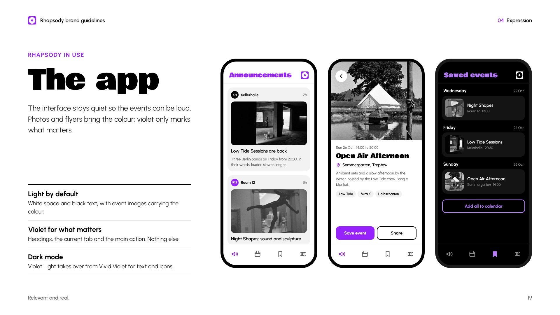 Brand guidelines page with three app screens: an announcements feed, an event page and saved events in dark mode