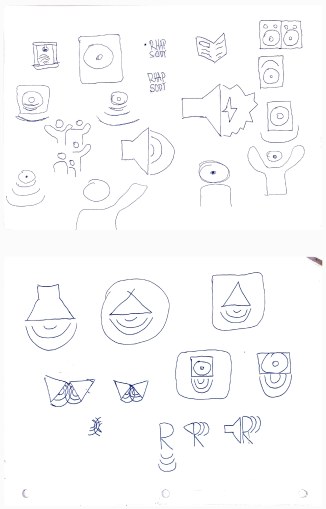 Pencil sketches of speakers, faces, waves and letter R ideas for the logo