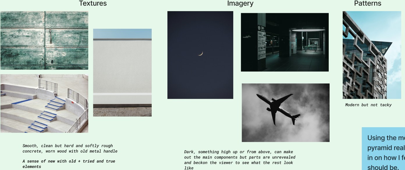 Mood board of textures, imagery and patterns: worn concrete, a crescent moon, a dim underground station and a plane seen from below