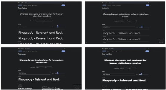 Four candidate typefaces previewed on dark backgrounds: Comfortaa, Urbanist, Righteous and Bowlby One