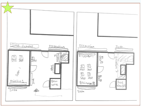 Sketched floor plans, with the chosen layout starred